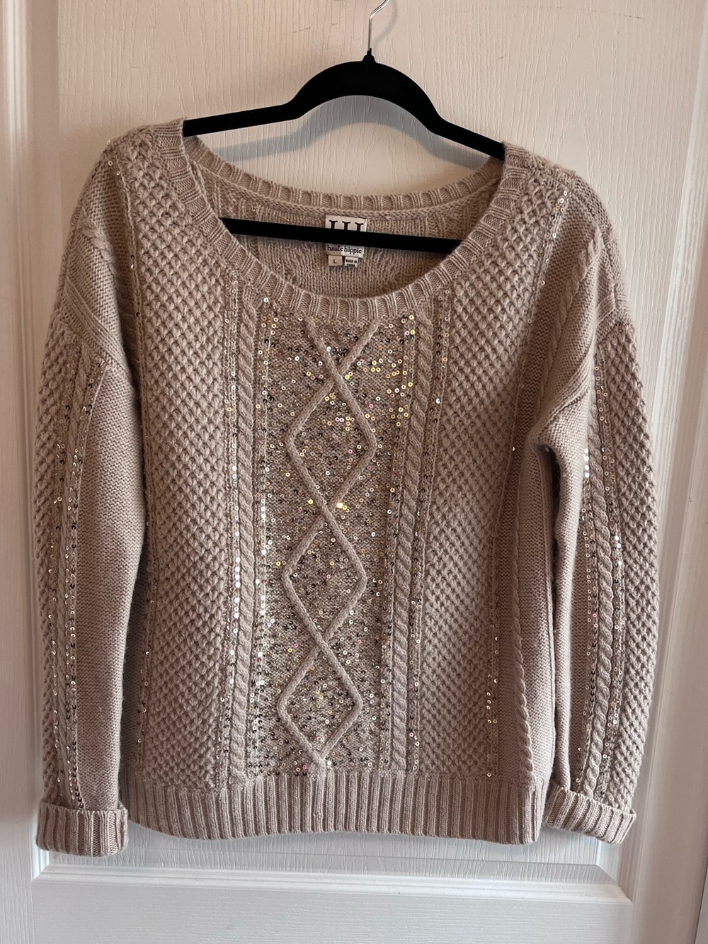 Haute Hippie Wool Alpaca Blend Sequin Cable Knit Sweater Beige L - Picture 2 of 6